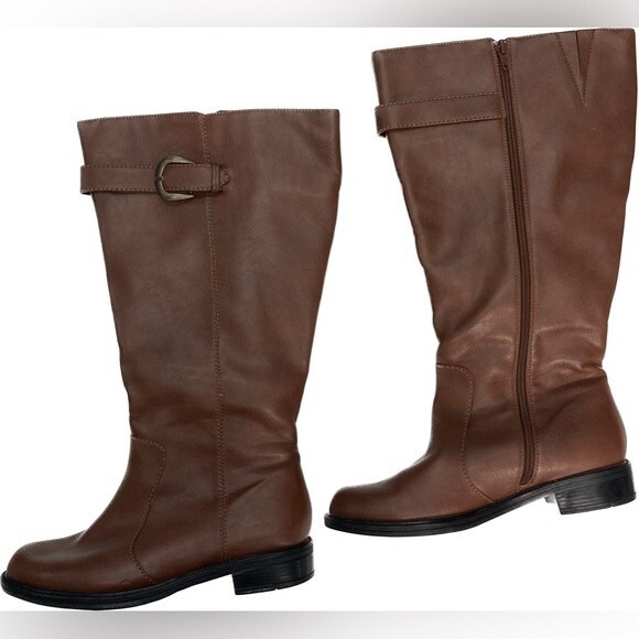David Tate Knee High Boots SZ 7.5W Brown Adjustable Calf Buckle Zip Up EUC - Picture 2 of 13